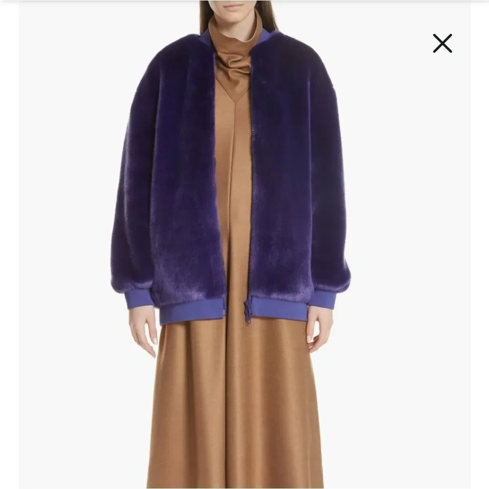Tibi Luxe Faux Fur Mid Length Sporty Bomber Jacket in Purple - Picture 4 of 13